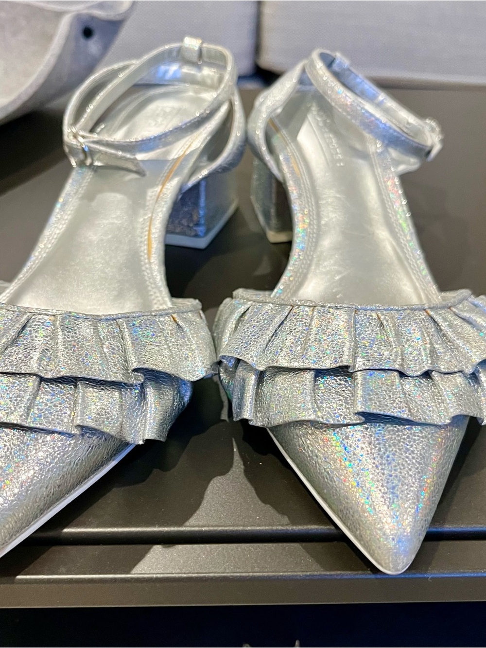 ASOS Silver Holographic Ruffle Slingback Heels - Picture 2 of 7